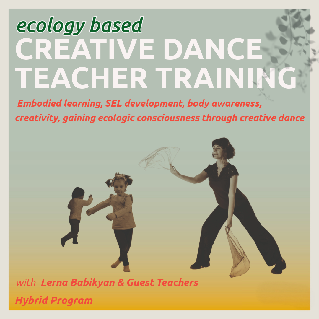 Lerna is dancing with two children in a pastel pale backround with the shade of the leafs