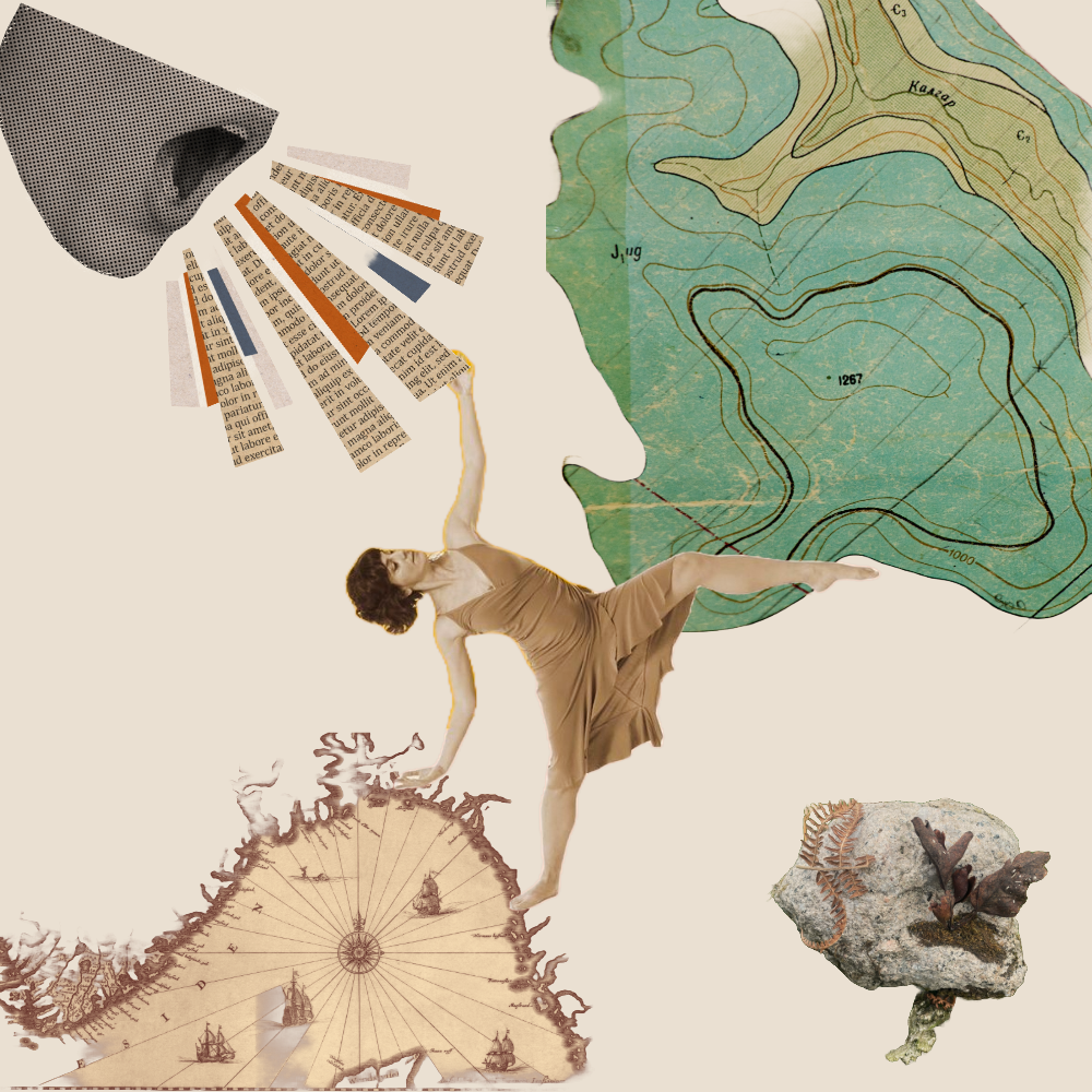 Collage of Lerna where she is dancing inbetween images of words, worlds, ecologies, histories in a multilayered way